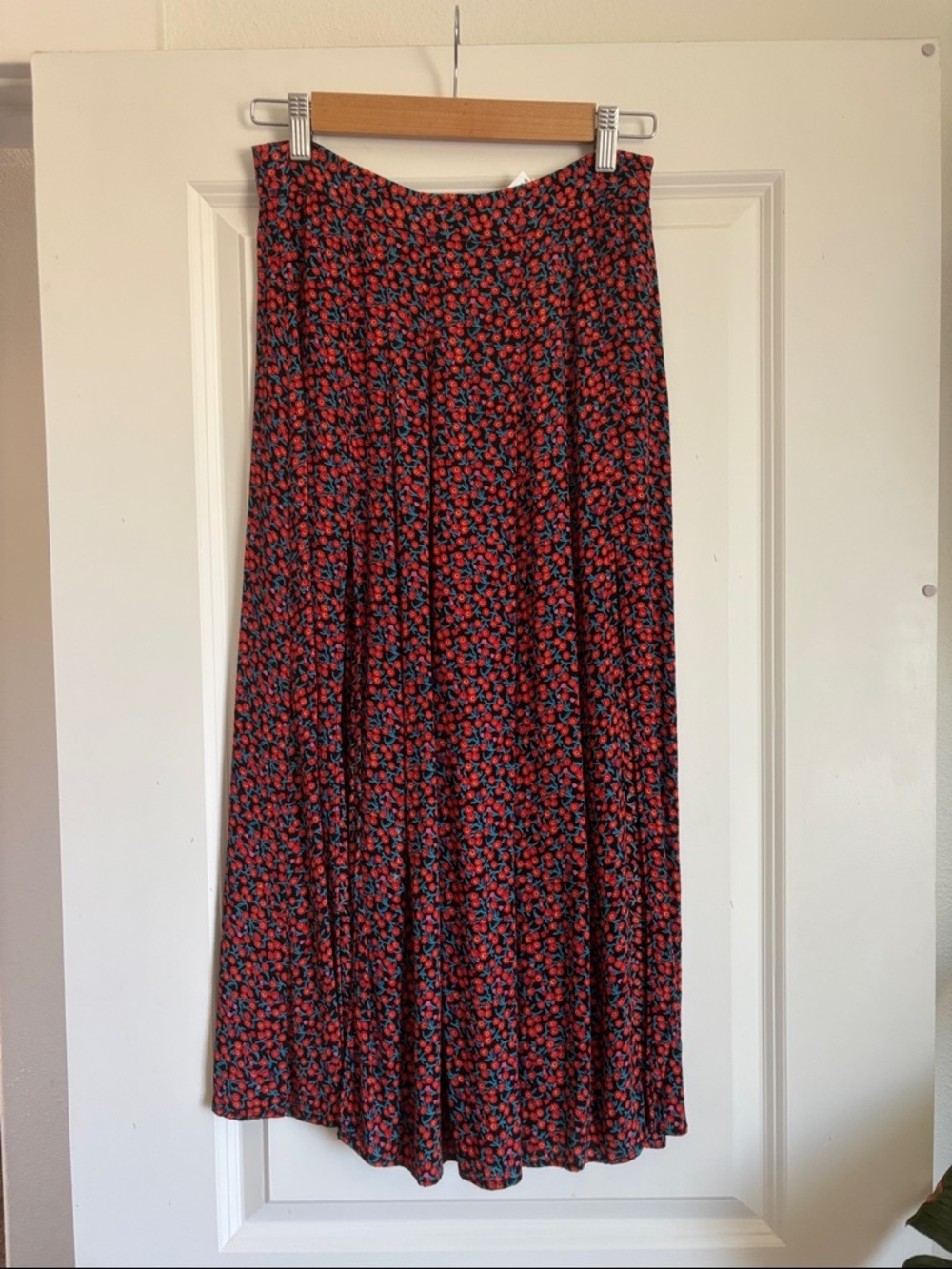 Zara Red Floral Maxi Skirt with Navy Accents